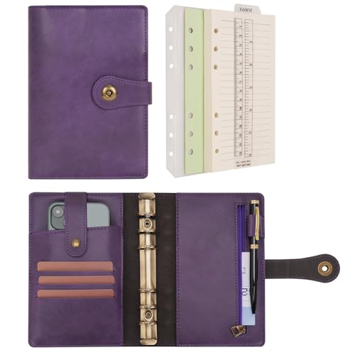 Wonderpool A6 Binder Journal Leather Spiral Notebook Refillable College Ruled Paper, Budget Binder Rings Diary Organizer with Pen for Office School Travel Business Planning Writing (Purple,A6) - color: Purple, size: A6