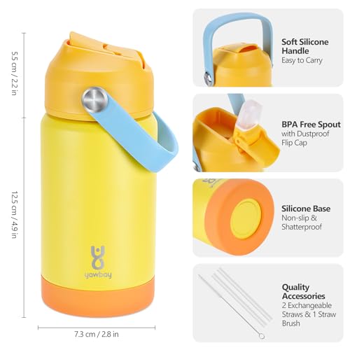 Kids Insulated Water Bottle with Straw Lid & Silicone Handle,12oz Kids Leak Proof Water Bottle for School Boys Girls,Double Wall Vacuum Stainless Steel with Non-slip Silicone Base(Yellow) - color: Yellow, size: 12 Ounces