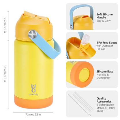 Kids Insulated Water Bottle with Straw Lid & Silicone Handle,12oz Kids Leak Proof Water Bottle for School Boys Girls,Double Wall Vacuum Stainless Steel with Non-slip Silicone Base(Yellow) - color: Yellow, size: 12 Ounces