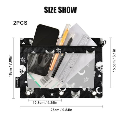Skull Cat Moon Gothic Pencil Pouches for 3 Ring Binder, Zipper Binder Pencil Case, 2 Pack Clear Window Case Bag for Office Organizers - color: Skull Cat