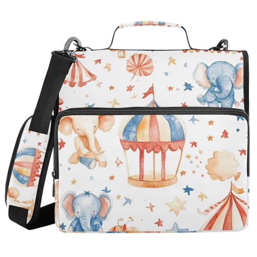 Watercolor Cute Circus Theme Zipper Binder Bag 3 Ring with Handle Shoulder Strap, Binder File Organizer Bag Storage Case for School Work Office