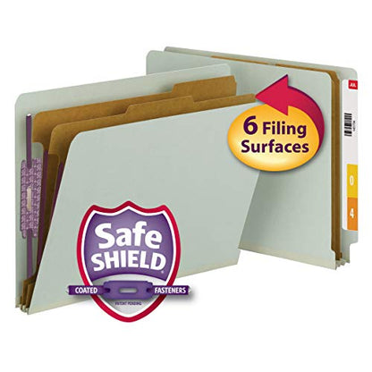 Smead 100% Recycled End Tab Pressboard Classification File Folder with SafeSHIELD Fasteners, 2 Dividers, 2" Expansion, Letter Size, Gray/Green, 10 per Box (26810) - color: Gray/Green, style: 2 Dividers