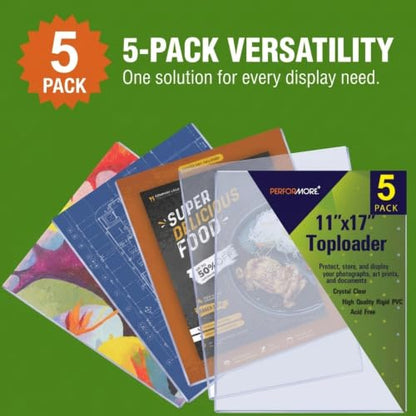 Performore 11" x 17" Heavy Duty Rigid Print Crystal-Clear Toploader Frame - Hold, Protect, Store, Display Photographs, Posters, Prints and Documents (5 Pack) - style: 5-Pack