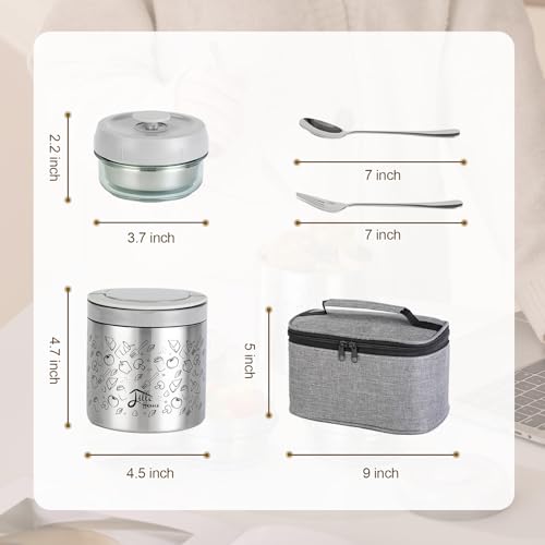 Lille Home Stainless Steel Thermal Lunch Box Set with Lunch Bag and Cultery | 22 Oz Vacuum Insulated Lunch Bento Box, to Keep Food Warm/Cool, 2 Small Food Container for Snack, Fruits and Sauces (Gray) - color: Gray