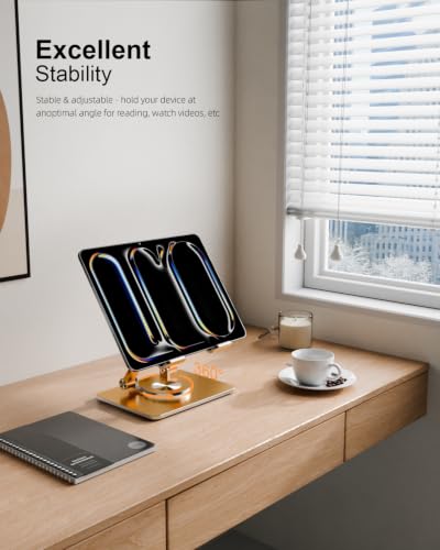 Orlian Tablet Stand Holder with Thickened 360°Rotating Base Dual Rod Adjustable Aluminum Stand for All 5.8-12.9” iPad Samsung Phone Tablet Kindle E-Reader and More, Gold - color: Gold