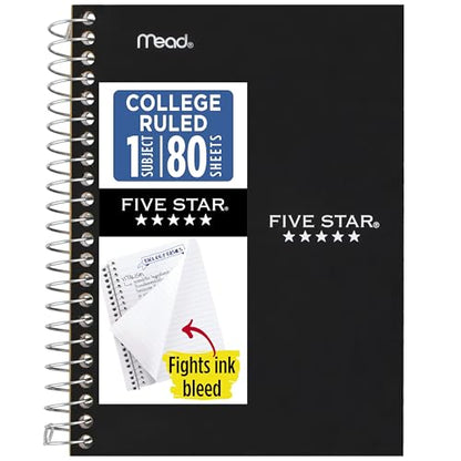 Five Star Spiral Notebook, 1 Subject, College Ruled Paper, 4-3/8" x 7", Personal Size, 80 Sheets, Fights Ink Bleed, Water Resistant Cover, Black (450048AA2-ECM) - color: Black