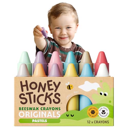 Honeysticks 100% Pure Beeswax Crayons (12 Pack) - Pastel Colored - Non Toxic Crayons for Toddlers 1-3, Safe for Baby from 1 Year Old Plus, Handmade with Natural Beeswax and Food-Grade Colors, Eco - color: Pastels