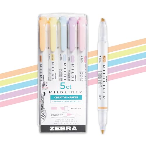 Zebra Pen Mildliner Dual-Tip Highlighter Set, Broad and Fine Point Tips, No Bleed, Ideal for Bible Highlighting, Journaling, School and Office Supplies, Assorted Gentle Ink Colors, 5-Pack (78705) - color: Gentle A, size: 1 Count (Pack of 5)
