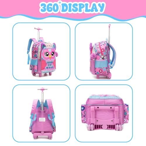 Backpack with Wheels for Girls,Rolling Backpack for Kids 6-8,Lightweight Wheeled School Backpack with Pencil Case,Cute Owl Bookbag for Students - color: Purple Owl