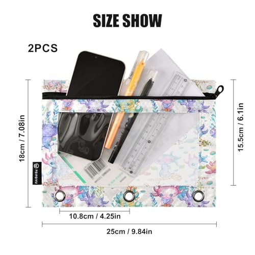 Cute Axolotl Pencil Pouch for 3 Ring Binder, Binder Pencil Pouches with Clear Window Zipper Pencil Case for Office College Supplies, 2PCS (B0301) - color: B0301
