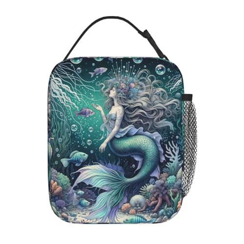 Mermaid Insulated Lunch Box,Colorful Fish and Coral Reef Reusable Tote Bag for Women Girls,Underwater Ocean Scene Design Lunchbag,Portable Cooler Lunchboxes for Work School Picnic Travel Gifts - color: Mermaid