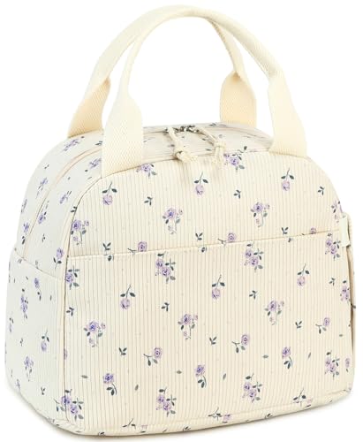 LEDAOU Kids Lunch Bag for Girls, Insulated School Lunch Box, Lightweight | Insulated interior, lightweight design, front pocket, smooth dual zippers, ideal for school and travel - color: Corduroy purple flowers