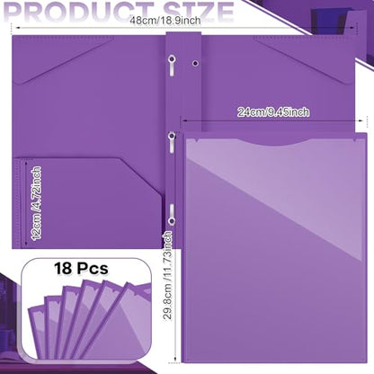 Henoyso 18 Pcs Plastic Folder with Clear Front Pocket and 3 Prong Plastic Folders with Card Slot Pocket Folders with Prongs for School Office (Purple) - color: Purple