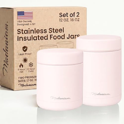 Modaniam Stainless Steel Insulated Food Jar Set of 2 (16oz + 12oz), Wide Mouth, Soup Thermo for Hot Food, Lunch Container, Insulated Soup Bowl, Hot and Cold Insulated Lunch Box, Pink - color: Z-CottonCandyPink