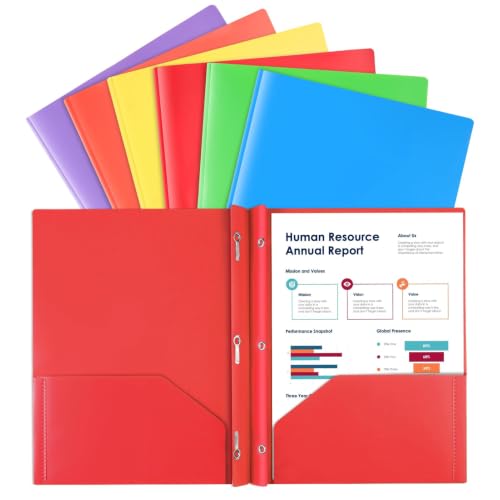 2 Pocket Folder with Prongs, 3 Prong Folders with Pockets, 6 Pack Heavy Duty Plastic Folders File Folders Fit Letter Size for Office School Home Business, 6 Assorted Colors