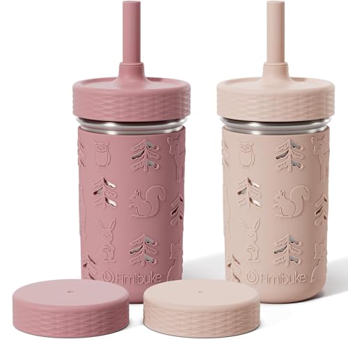 Fimibuke Toddler Cups Spill Proof, 12 OZ Sippy Cups for Kid Girl Boy, Stainless Steel Tumbler with Lid, Removable Silicone Straw & Sleeve, BPA Free Dishwasher Safe Water Bottle Snack Container 2 Pack - color: Dark Pink/Light Pink, size: 12 Ounces