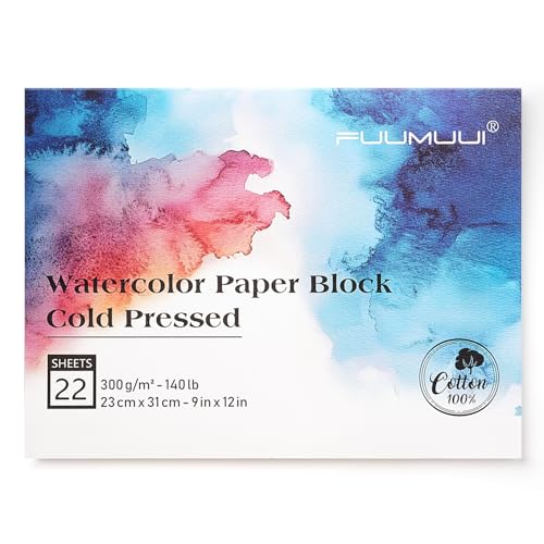 Watercolor Paper Block 9x12 Inch, Fuumuui 100% Cotton Paper Pad, 22 Sheets, Cold Pressed, Acid-Free, 140 lb/300gsm for Painting, Drawing, Art Journaling, Professional Artist Quality - color: Cold Press, size: 9×12"