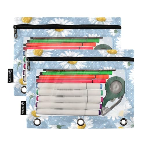 2 Pack Pencil Pouches for 3 Ring Binder Daisy Blue Zipper Pencil Case Bags with Clear Window for Classroom School Office Supplies - color: Daisy