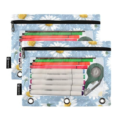 2 Pack Pencil Pouches for 3 Ring Binder Daisy Blue Zipper Pencil Case Bags with Clear Window for Classroom School Office Supplies - color: Daisy