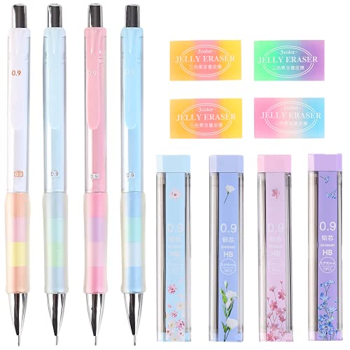0.9 mm Mechanical Pencil Set Including 4 pcs Mechanical Pencils with 4 Tubes HB Lead Refills and 4pcs Erasers for Writing Draft, Drawing, Sketch, Architecture - color: 02330