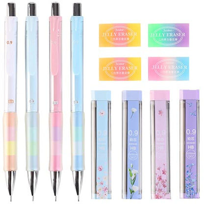 0.9 mm Mechanical Pencil Set Including 4 pcs Mechanical Pencils with 4 Tubes HB Lead Refills and 4pcs Erasers for Writing Draft, Drawing, Sketch, Architecture - color: 02330