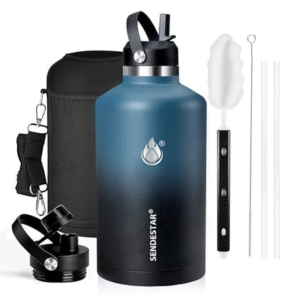 One Gallon Insulated Water Bottle, Triple Wall Vacuum 128 oz Stainless Steel Water Bottles (Cold for 48 Hrs), Leak Proof, Non-BPA, Large Water Flask Jug with Straw Lid & Spout Lid - color: Deep Blue& Black-Y, size: 128 Ounces