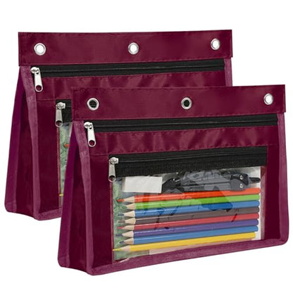 YoeeJob 2 Pack 1 Inch Expandable Zipper Pencil Pouches with Clear Window for 3 Ring Binder, Suitable for School & Office（Wine-red） - color: Wine-red