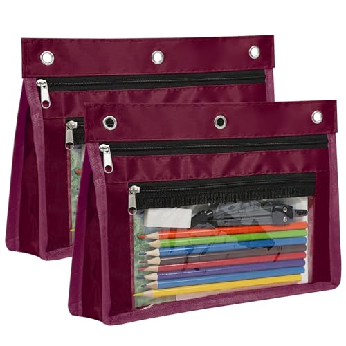 YoeeJob 2 Pack 1 Inch Expandable Zipper Pencil Pouches with Clear Window for 3 Ring Binder, Suitable for School & Office（Wine-red） - color: Wine-red