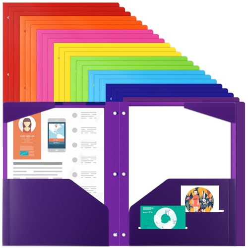 EOOUT Plastic Folders 24pcs with Pockets 3 Hole Punched for 3 Ring Binder Poly Pocket Folders with 2 Pockets 8 Assorted Colors Heavy Duty File Folders for School and Office Letter Size - color: 24pcs-rainbow Colors, style: 24pcs