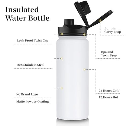 24 oz Insulated Water Bottle Bulk 4 Pack, Stainless Steel Sports Water Bottles with Straw Lid & Wide Mouth Lids, Double Walled Vacuum, Leak Proof, White - color: White, size: 24 Ounces-4