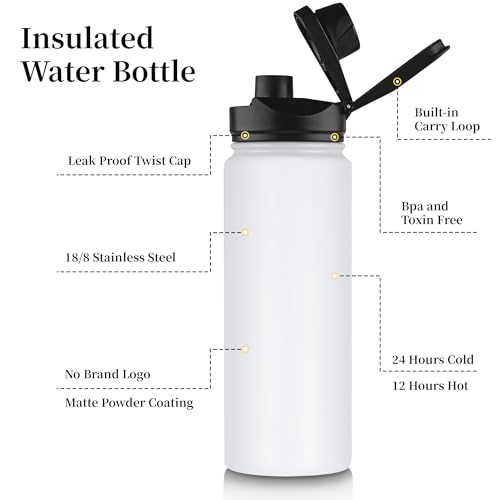 24 oz Insulated Water Bottle Bulk 8 Pack, Stainless Steel Sports Water Bottles with Straw Lid & Wide Mouth Lids, Double Walled Vacuum, Leak Proof, White - color: White, size: 24 Ounces-8