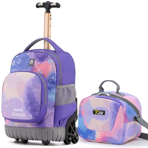 NEW TILAMI 16 Inch Rolling Backpack with Lunch Bag for Kids Adjustable Handle Carry-on Suitcase Wheels for Girls Boys School Travel Camping, Purple Watercolor - color: Purple Watercolor