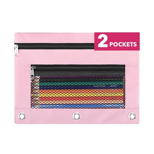 Pencil Pouch 3 Ring Binder: 3 Ring Binder Pencil Case Bag Zipper Pencil Pouch Bulk Holder Accessories Clear Window Pencil Case Aesthetic Pencil Organizer Pockets (Pink, 1), 3RB-muti - color: Pink