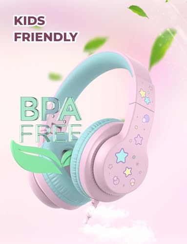 iClever Kids Headphones for School/Travel with Safe Volume 85dBA, HS19S Stereo Sound Over-Ear Girls Boys Headphones for Kids, Foldable 3.5mm Wired Headphone for iPad/Computer - color: A Pink Star