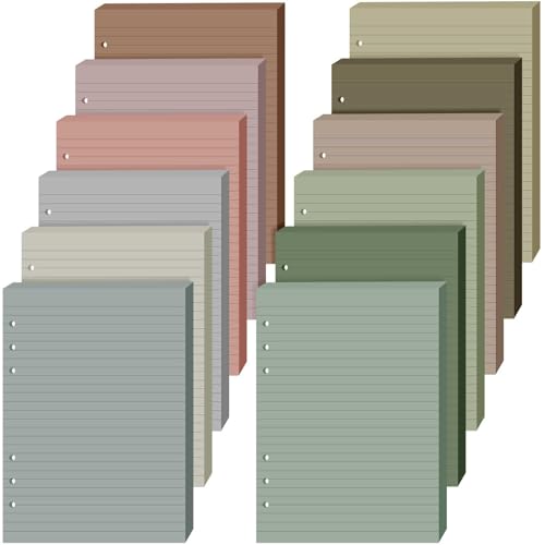 PerKoop 12 Pack Lined Refill Paper A5 Colored 6 Ring Binder Planner Inserts 6 Hole Notebook Refills Paper 8.2 x 5.8 Inch Loose Leaf (Elegant Colors) - color: Elegant Colors