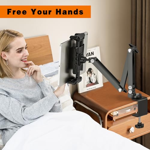 Tablet Stand Holder, iPad Desk Mount with 360°Rotate Base, Adjustable Foldable Sturdy Arm iPad Holder, Metal Clamp for Desktop Table Bed Kitchen, Compatible with 4.7-13.5inch Tablets