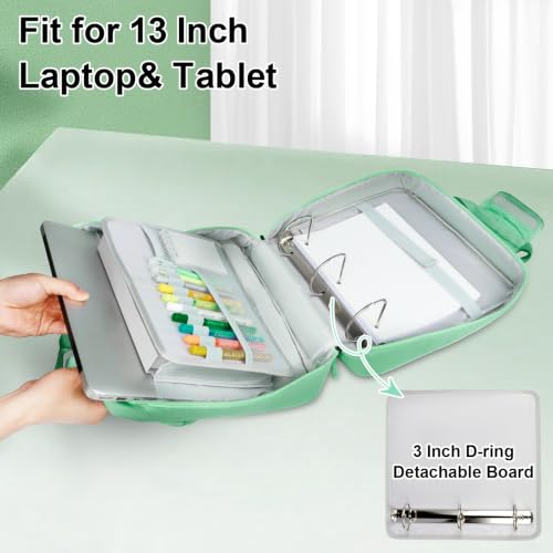 SIYNPAV 3 Inch Zipper 3 D-Ring Binder Bag, 700 Sheet Portfolio Organizer with Shoulder Strap, 13 Inch Laptop Sleeve, Pen& Bottle Pocket for Middle School, Green - color: Mint Green