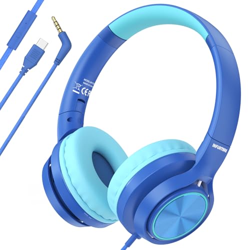 INFURTURE Kids Headphones for School with 3.5mm/USB C Headphones & HD Mic | Blue Headphone for Boys Girls, Comfort Type C Headphone, Safe Volume for iPad/Travel/Tablets/Classroom, Back to School gift - color: Blue