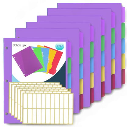 6 Sets 5 Tab Binder Dividers, Plastic Binders Dividers with Tabs Colorful Big Tab Fit Standard 8.5 X 11 Sheets, Dividers for 3 Ring Binder