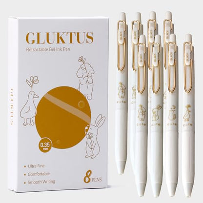 Retractable Rolling Ball Pens 0.35mm Ultra Fine Point,White Barrels,Black Gel Ink,Pack of 8,Smooth Writing For Journaling, Notetaking,Cute Office School Supplies Gifts for Women and Girls