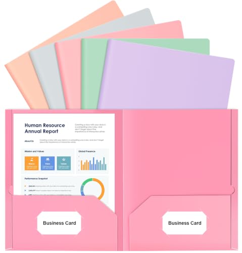 5 Pack Folders with Pockets, 5 Pastel Sweet Colors Paper Pocket Folders | Heavy Duty File Folders, with Business Card Slot, 2 Pocket Folder, for School Office, Letter Size