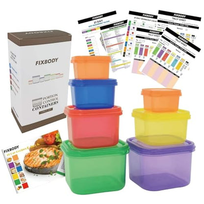 FIXBODY 7PCS Portion Control Containers, Color-Coded Labeled, 21 Day Lose Weight System (Use Guide, 21 Day Tracker and Recipe Ebook Include)