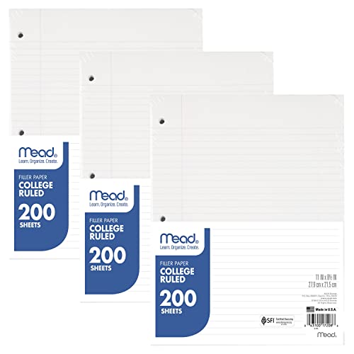 Mead Loose Leaf Paper, 3 Pack, Notebook Paper, College Ruled Filler Paper, Standard, 8.5 x 11, 200 Sheets per Pack (73189)