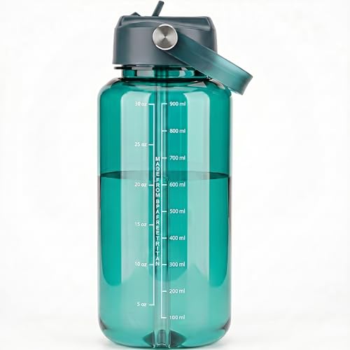 OLDLEY 32oz Water Bottle with Straw,Leakproof Tritan Clear Bottle with Marked Bottle and Carry Handle, BPA-Free Wide Mouth Reusable Sports Water Bottle for Gym,Hiking, Camping, Travel, Workout,Lagoon - color: Lagoon