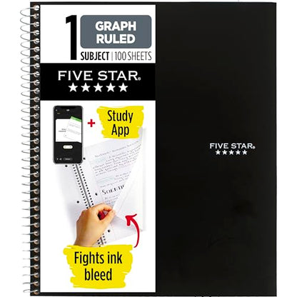 Five Star Spiral Notebook + Study App,1 Subject,Graph Ruled Paper,8-1/2" x 11",100 Sheets,Fights Ink Bleed,Water Resistant Cover,Black (73679),(Pack of 12) - color: Black, size: 8-1/2 in. x 11 in. (Pack of 12)