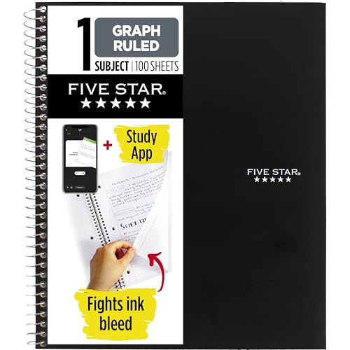 Five Star Spiral Notebook + Study App,1 Subject,Graph Ruled Paper,8-1/2" x 11",100 Sheets,Fights Ink Bleed,Water Resistant Cover,Black (73679),(Pack of 12) - color: Black, size: 8-1/2 in. x 11 in. (Pack of 12)