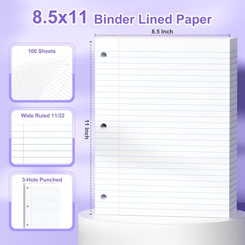 Loose Leaf Paper, 8.5x11 Wide Ruled, Notebook Paper for 3 Ring Binders, White Binder Notebook, 3 Hole Punch Paper, 100 Sheets/pack, 1 Pack - color: White, size: 8.5x11 Wide Ruled
