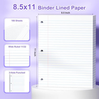 Loose Leaf Paper, 8.5x11 Wide Ruled, Notebook Paper for 3 Ring Binders, White Binder Notebook, 3 Hole Punch Paper, 100 Sheets/pack, 1 Pack - color: White, size: 8.5x11 Wide Ruled