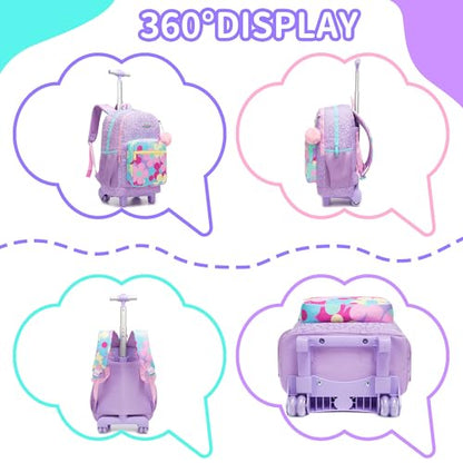 Rolling Backpack for Girls,Backpack with Wheels for Girls Kids Wheeled School Bag Set with Lunch Bag & Pencil Case,Flower Print Elementary Trolley Bookbag for Travel - color: Purple Flower