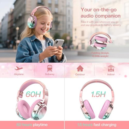 QearFun Kids Bluetooth Headphones, 60H Playtime, 74/85/94dB Safe Volume Limit, Metallic Gradient Wireless Headset with HD Mic, Fast Charging, Foldable, Wired 3.5mm Mode for School/Tablet/Travels - color: Pink